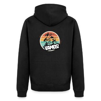 Vamos Retro Moderner Fünfkampf - Unisex Premium Bio Zip Hoodie - Schwarz - Hinten - Nico (187cm)