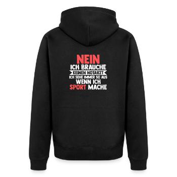 Sportmuffel Morgenmuffel Lustige Sprüche - Unisex Premium Bio Zip Hoodie - Schwarz - Hinten - Nico (187cm)