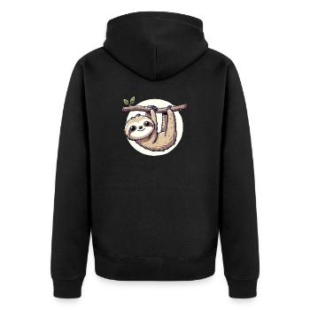 kindlich gestaltetes Faultier hängt an einem Ast - Unisex Premium Bio Zip Hoodie - Schwarz - Hinten - Nico (187cm)
