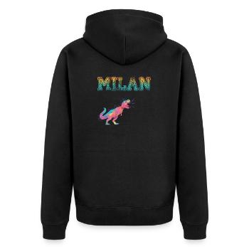 MILAN - Schöner Jungen Name mit Dinosaurier - Unisex Premium Bio Zip Hoodie - Schwarz - Hinten - Nico (187cm)