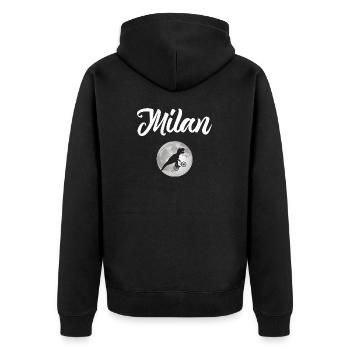 MILAN - Schöner Jungen Name mit Dinosaurier - Unisex Premium Bio Zip Hoodie - Schwarz - Hinten - Nico (187cm)