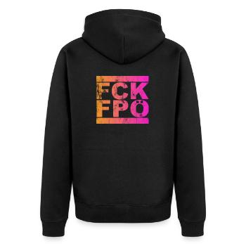 FCK FPÖ - Zeichen setzen gegen Rechts (vintage) - Unisex Premium Bio Zip Hoodie - Schwarz - Hinten - Nico (187cm)
