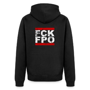 FCK FPÖ - Zeichen setzen gegen Rechts (vintage) - Unisex Premium Bio Zip Hoodie - Schwarz - Hinten - Nico (187cm)