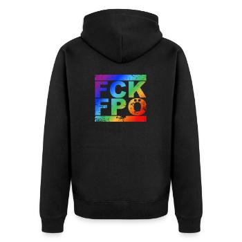 FCK FPÖ - Zeichen setzen gegen Rechts - Unisex Premium Bio Zip Hoodie - Schwarz - Hinten - Nico (187cm)