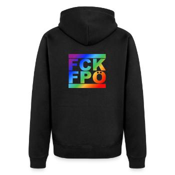 FCK FPÖ - LGBTQ - Zeichen setzen gegen Rechts - Unisex Premium Bio Zip Hoodie - Schwarz - Hinten - Nico (187cm)