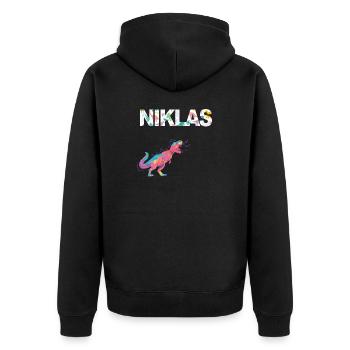 NIKLAS - Schöner Jungen Name mit Dinosaurier - Unisex Premium Bio Zip Hoodie - Schwarz - Hinten - Nico (187cm)