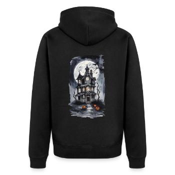Halloween Nacht Hexenhaus Vollmond Fledermäuse - Unisex Premium Bio Zip Hoodie - Schwarz - Hinten - Nico (187cm)