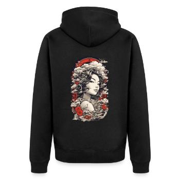 Vintage Ukiyo-e Asiatische Schönheit mit Kanji - Unisex Premium Bio Zip Hoodie - Schwarz - Hinten - Nico (187cm)