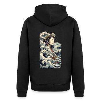 Geisha Ukiyo-E Welle Retro Streetwear Kunst - Unisex Premium Bio Zip Hoodie - Schwarz - Hinten - Nico (187cm)