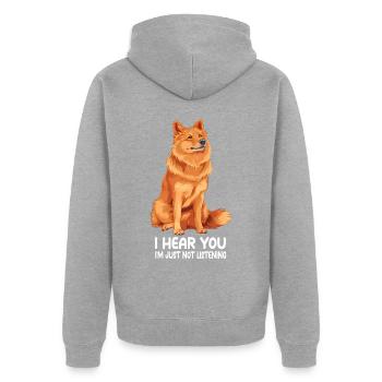 Finnish Spitz - Unisex Premium Bio Zip Hoodie - Grau meliert - Hinten - Nico (187cm)