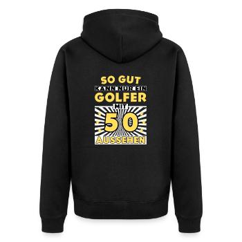 So gut kann nur ein Golfer mit 50 aussehen - Unisex Premium Bio Zip Hoodie - Schwarz - Hinten - Nico (187cm)