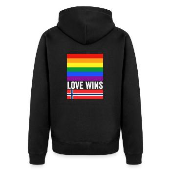Liebe gewinnt Oslo Pride Norwegen - Unisex Premium Bio Zip Hoodie - Schwarz - Hinten - Nico (187cm)