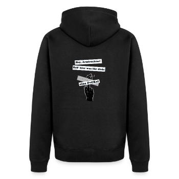 hier eine F*Ckel für dich (weiß auf schwarz) - Unisex Premium Bio Zip Hoodie - Schwarz - Hinten - Nico (187cm)