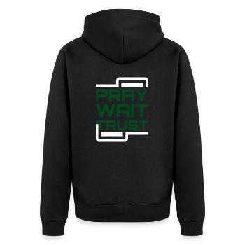 Pray Wait Trust - Unisex Premium Bio Zip Hoodie - Schwarz - Hinten - Nico (187cm)