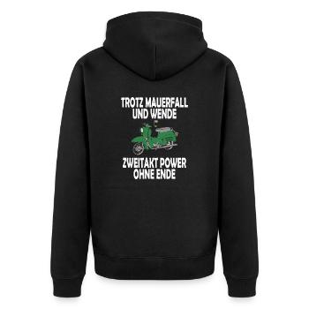 Trotz Mauerfall und Wende Zweitakt Power ohne Ende - Unisex Premium Bio Zip Hoodie - Schwarz - Hinten - Nico (187cm)