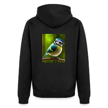 Cooles Comic Porträt einer Blaumeise - Unisex Premium Bio Zip Hoodie - Schwarz - Hinten - Nico (187cm)