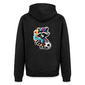 Fußball Waschbär / Tier / Fußball / Tor / Sport - Unisex Premium Bio Zip Hoodie - Schwarz - Hinten - Nico (187cm)