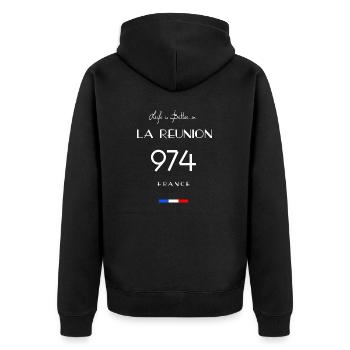 Das Leben ist besser in LA RÉUNION Nummer 974 Übersee - Unisex Premium Bio Zip Hoodie - Schwarz - Hinten - Nico (187cm)