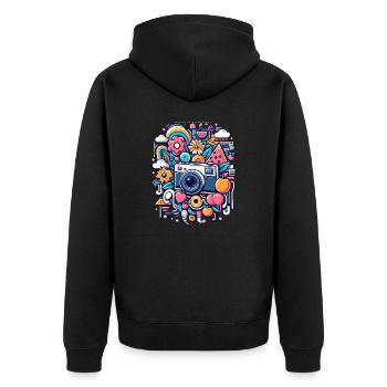 Colorful Collage with Camera - Unisex Premium Organic Zip Hoodie - black - Back - Nico (187cm)