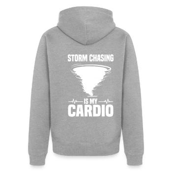 Sturmjäger Sprüche | Gewitter Meteorologe Geschenk - Unisex Premium Bio Zip Hoodie - Grau meliert - Hinten - Nico (187cm)