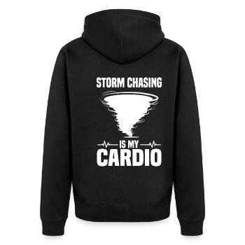 Sturmjäger Sprüche | Gewitter Meteorologe Geschenk - Unisex Premium Bio Zip Hoodie - Schwarz - Hinten - Nico (187cm)