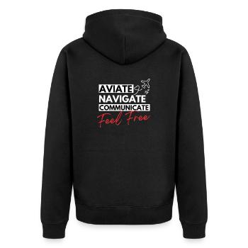 Aviate, Navigate, Communicate and Feel free - Unisex Premium Bio Zip Hoodie - Schwarz - Hinten - Nico (187cm)