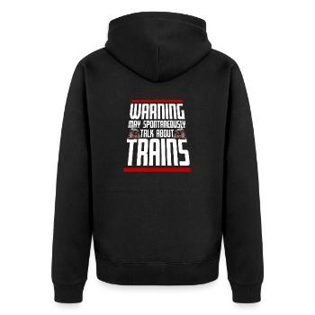Warning May Spontaneously Talk About Trains Spruch - Unisex Premium Bio Zip Hoodie - Schwarz - Hinten - Nico (187cm)