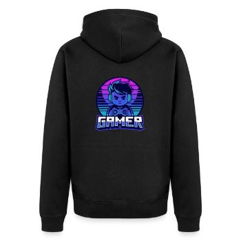 Cooler Gamer Boy in Blau und Lila - Unisex Premium Bio Zip Hoodie - Schwarz - Hinten - Nico (187cm)