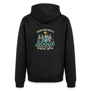 Scout's Warning: Hidden Places Expert Tee - Unisex Premium Bio Zip Hoodie - Schwarz - Hinten - Nico (187cm)