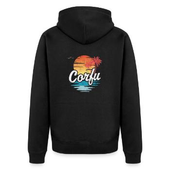 Korfu - Unisex Premium Bio Zip Hoodie - Schwarz - Hinten - Nico (187cm)