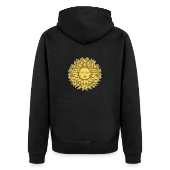 Große Sonne mit Gesicht - Unisex Premium Bio Zip Hoodie - Schwarz - Hinten - Nico (187cm)