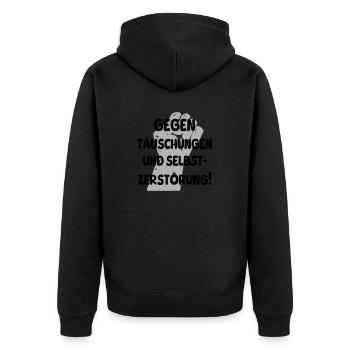 gegen täuschungen - Unisex Premium Bio Zip Hoodie - Schwarz - Hinten - Nico (187cm)