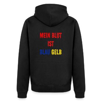 Bllau Gelb Sport Fan - Unisex Premium Bio Zip Hoodie - Schwarz - Hinten - Nico (187cm)