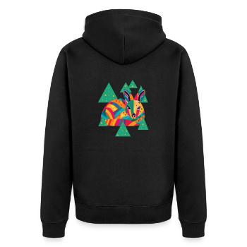 Zeichnung einer bunten Hirschkuh zwischen Bäumen - Unisex Premium Bio Zip Hoodie - Schwarz - Hinten - Nico (187cm)