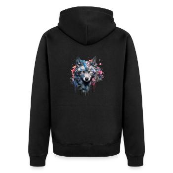 Wolf Design Wolfkopf in bunten Farben Wolfsrudel - Unisex Premium Bio Zip Hoodie - Schwarz - Hinten - Nico (187cm)