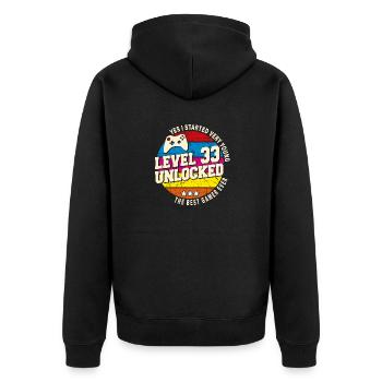 Original 1991 Vintage Level 33 Freischalten - Unisex Premium Bio Zip Hoodie - Schwarz - Hinten - Nico (187cm)