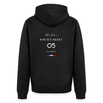 Leben in HAUTES-ALPES Number 05 Gap Frankreich - Unisex Premium Bio Zip Hoodie - Schwarz - Hinten - Nico (187cm)