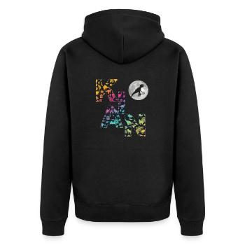 KIAN - Schöner Jungen Name mit Dinosaurier - Unisex Premium Bio Zip Hoodie - Schwarz - Hinten - Nico (187cm)