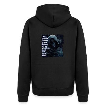 Nutze jeden Moment! - Unisex Premium Bio Zip Hoodie - Schwarz - Hinten - Nico (187cm)