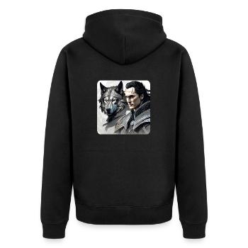 Loki mit Fenris Wolf Asgard Ragnarok - Unisex Premium Bio Zip Hoodie - Schwarz - Hinten - Nico (187cm)
