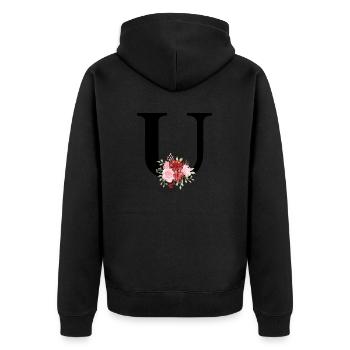 Roter floraler U-Buchstabe - Unisex Premium Bio Zip Hoodie - Schwarz - Hinten - Nico (187cm)