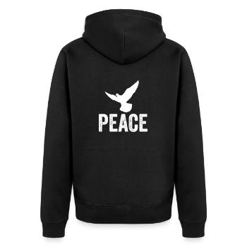 PEACE mit Friedenstaube - Unisex Premium Bio Zip Hoodie - Schwarz - Hinten - Nico (187cm)