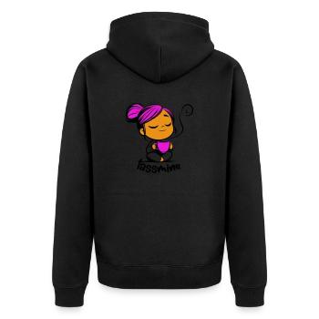 Tassmine enspannt mit einer Tasse Tee oder Kaffee - Unisex Premium Bio Zip Hoodie - Schwarz - Hinten - Nico (187cm)