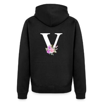 Lila floraler V-Buchstabe - Unisex Premium Bio Zip Hoodie - Schwarz - Hinten - Nico (187cm)