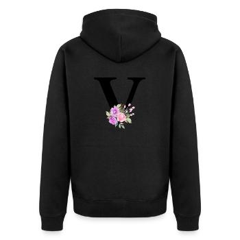 Lila floraler V-Buchstabe - Unisex Premium Bio Zip Hoodie - Schwarz - Hinten - Nico (187cm)