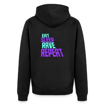 Eat Sleep Rave Repeat Essen Schlafen Raven Spruch - Unisex Premium Bio Zip Hoodie - Schwarz - Hinten - Nico (187cm)