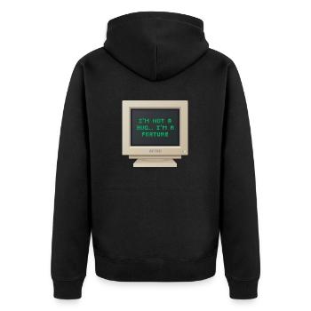 CRT Design - Ich bin kein Bug, ich bin ein Feature - Unisex Premium Bio Zip Hoodie - Schwarz - Hinten - Nico (187cm)