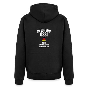 Original Ossi: Kult aus dem Osten – Ossi-Design - Unisex Premium Bio Zip Hoodie - Schwarz - Hinten - Nico (187cm)