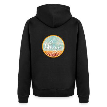 Ibiza Sonne - Unisex Premium Bio Zip Hoodie - Schwarz - Hinten - Nico (187cm)
