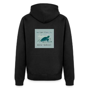 Weniger Plastik, mehr Leben - Unisex Premium Bio Zip Hoodie - Schwarz - Hinten - Nico (187cm)